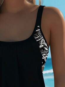 Conjunto de tankini de 2 piezas con estampado de moda para mujer, traje de baño con cobertura completa y tirantes ajustables, estampado bohemio, adecuado para la playa y la piscina, elegante, lindo, vacaciones de verano en la playa de Hawái, negro - Negro - Ver 3