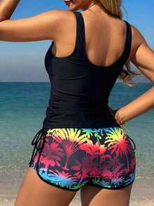 Traje de baño de mujer para vacaciones de primavera, estampado tropical de plantas, short estilo chico con camisilla incluida, bikini - Multicolor 2 - Ver 2