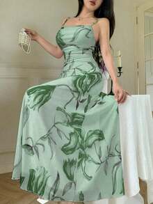 Vestido de verano casual de tirantes con cuello drapeado, cintura fruncida y estampado de malla para mujer - Verde - Ver 3