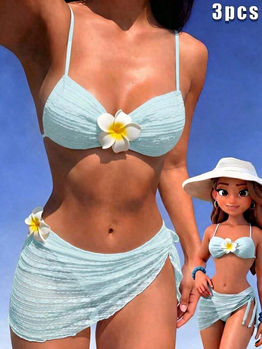 Swim Vcay Conjunto de bikini de 3 piezas con textura de tela, decoración floral, espalda descubierta, lazo, sexy y dulce, de estilo casual en color crema y amarillo, adecuado para la playa y vacaciones - Azul - Ver 1