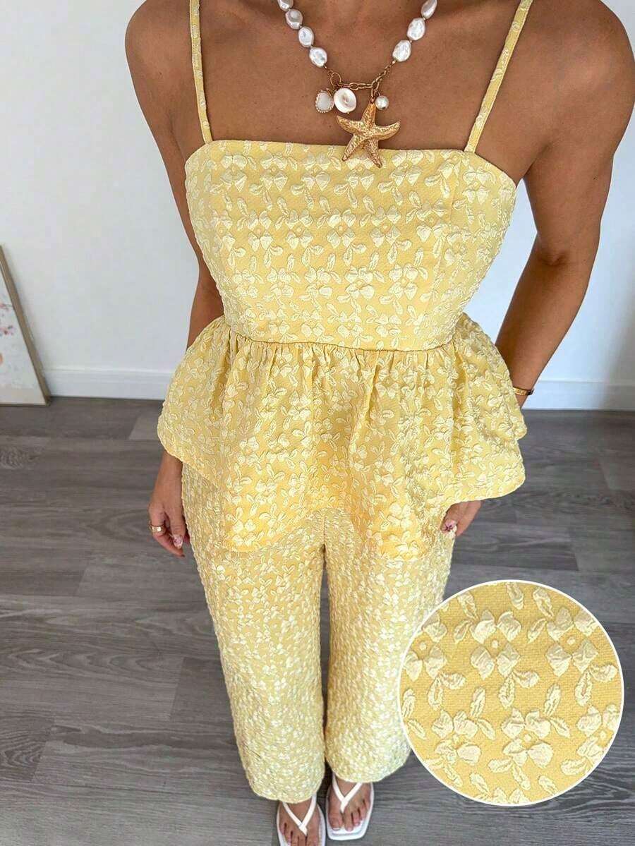 Conjunto de 2 piezas de top de tirantes y pantalones de estilo jacquard elegante para mujer, para verano - Amarillo - Ver 1
