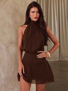 Vestido de mujer sexy y elegante con cuello halter, cintura fruncida de gasa - Cafetería - Ver 8