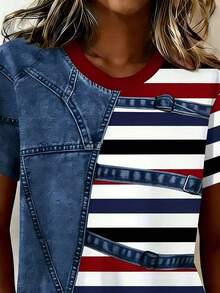 Camiseta de mujer con cuello redondo, manga corta y estampado de corazones en bloques de color - Multicolor - Ver 3