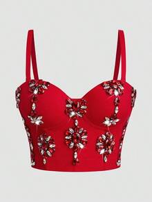 Top camiseta con decoración floral y de strass, estilo Y2K para mujer - Rojo - Ver 8