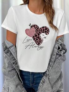 Set de 3 camisetas informales con estampados de leopardo, corazón y eslogan - Multicolor 5 - Ver 3