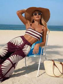 Conjunto de bikini de 3 piezas con tirantes finos, pantalones de pierna ancha y estampado de hojas abstractas de estilo bohemio para mujer, adecuado para vacaciones, playa y verano - Multicolor 4 - Ver 2