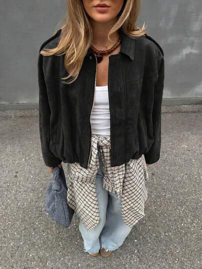 Women's Regular Faux Suede Long Sleeve Single-Breasted Loose Casual Jacket, Suitable For Spring