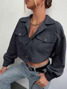 Chaqueta corta de pana con detalle de solapa en el hombro para otoño/invierno - Gris - Ver 6