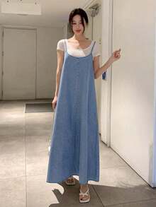 Vestido casual de mezclilla para mujer, sencillo y de moda para uso diario, vestido largo tipo sundress - Azul lavado medio - Ver 6