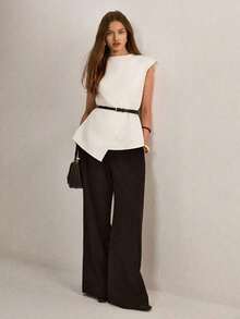 Blusa suelta con bajo asimétrico de unicolor para mujer - Beis - Ver 7