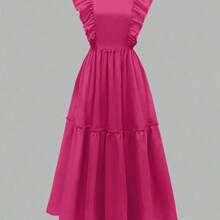 Women's Elegant Holiday Solid Color Cap Sleeve Ruched Patchwork Short Casual Dress, Spring/Summer - Café - Ver 3