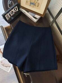 Shorts de mujer de cintura alta de color gris oscuro minimalista y de moda, con cierre de cremallera en la espalda, adecuados para el uso diario, citas y ocasiones románticas - Azul marino - Ver 1