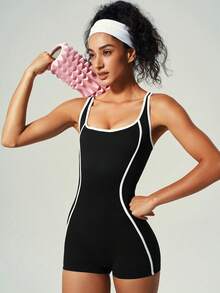 UONNOU Combinaison de sport pour femmes à côtes avec blocs de couleurs et lignes, col carré, dos ouvert, taille haute, contrôle du ventre et effet liftant pour les fesses, pour le fitness, le yoga et la gym - Noir - Voir 4