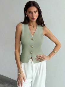 Blusa sin mangas de punto de un solo pecho con tirantes anchos, casual de verano, para otoño/invierno, verano, vacaciones, simple para ir al trabajo, con hebilla metálica única para oficina - Verde - Ver 4