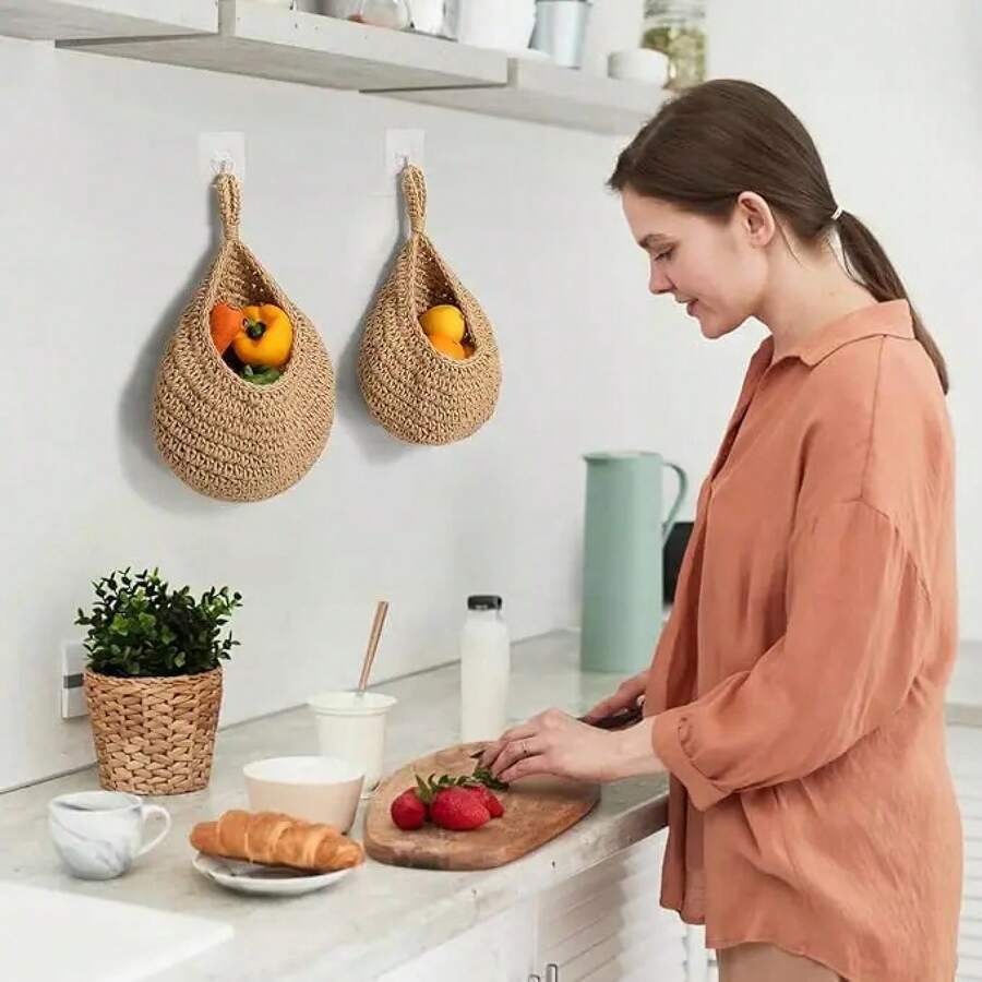 Cesta de verduras montada en la pared, cesta de frutas y artículos diversos, cesta de almacenamiento de tejido de mimbre Natural, organizador de decoración del hogar para cocina - 20x38cm - Ver 1