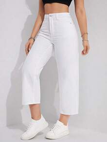 Jeans rectos de pierna ancha casual lavados para mujer - Blanco - Ver 4