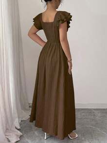 Nuevo vestido elegante para mujer con cuello cuadrado, mangas con volantes en capas, lazo en la parte delantera, diseño de lazada en la espalda, cintura entallada, diseño estilizante y de moda para jóvenes - Marrón - Ver 2