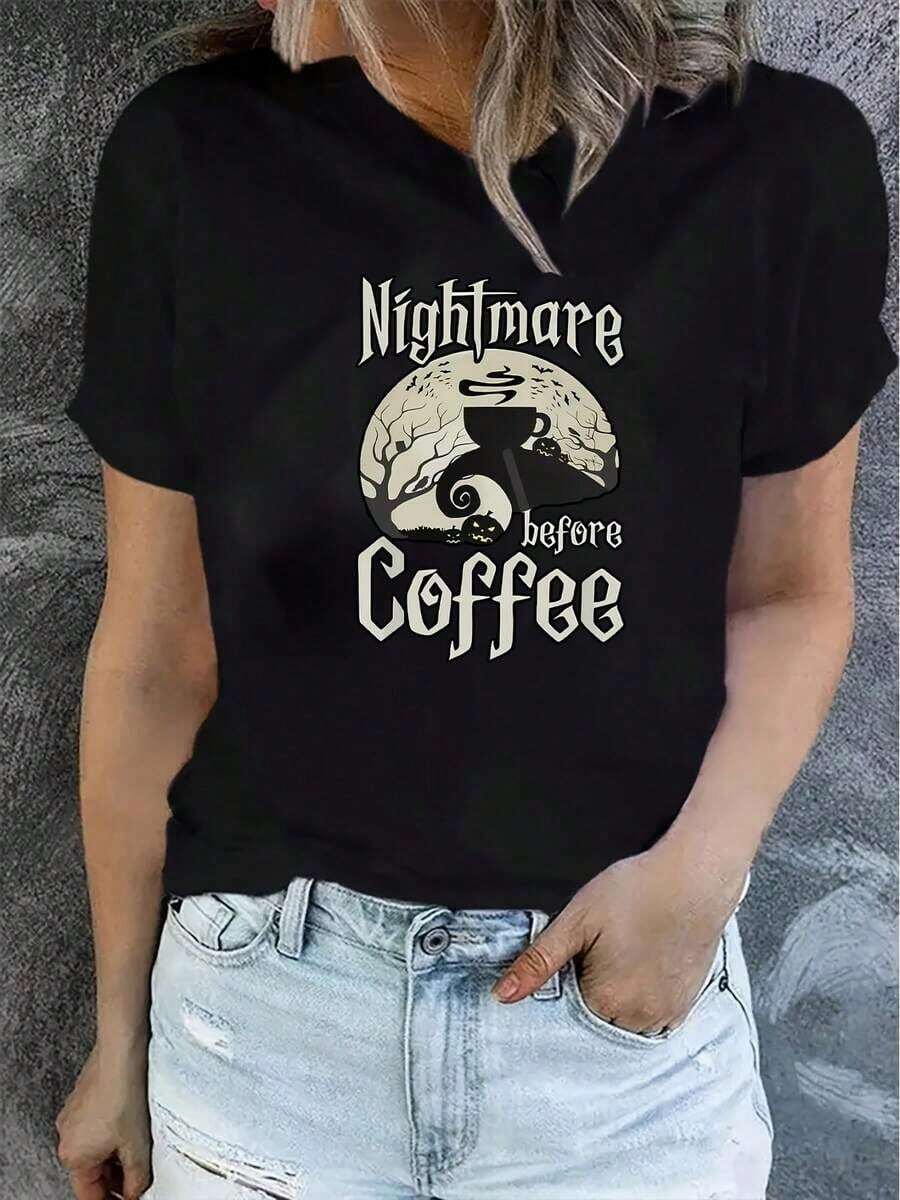Camiseta de manga corta para amantes del café para mujer, estampado de granos y tazas de café, ligero y transpirable, camiseta informal con cuello redondo para cafetería y vestimenta informal, negra con diseño de café marrón, se puede lavar a máquina - Negro - Ver 1