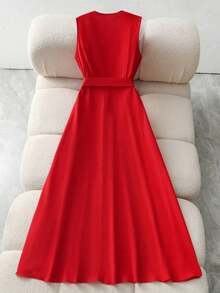 xheFranclia Elegante y de moda, nuevo vestido rojo de línea A con cuello en V sin mangas y que realza la cintura para mujeresxhe - Rojo - Ver 2