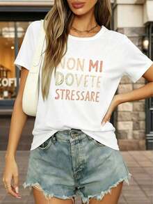 Fashion Printed T-Shirts For Women, Oversized Streetwear Tops, Comfortable And Stylish All-Match Summer Tees. Women's Elegant Short-Sleeved Crew Neck T-Shirt - Black, Printed With The Prominent Italian Text "Non Mi Dovete Stressare", Suitable For Casual Wear In Spring/Summer, Also Suitable For Autumn/Winter And White Outfits. - 白色 - 查看 11