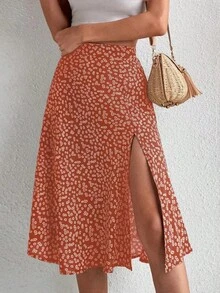 Primavera y novedad de verano falda acampanada dividida con cremallera floral versátil para mujer - verde - Ver 4