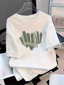 Women's Casual Short Sleeve Crew Neck T-Shirt - White And Green Cartoon Letter Print, 100% Cotton, Breathable And Machine Washable, Soft And Versatile For Everyday Summer Parties, Simple Design, Comfortable T-Shirt, Women's Top, Casual Wear. - 白色 - 查看 6