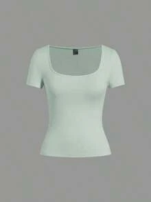 Set de 3 camisetas de punto para mujer, multicolor, camisetas básicas de primavera/verano para mujer, tops ajustados básicos, paquete de tops básicos, tops básicos para mujer, tops de ajuste ceñido, tops básicos, tops de mujer de cuello cuadrado, tops de verano para mujer, tops de manga corta para mujer, tops de verano para mujer, camisetas de mujer - Verde - Ver 11