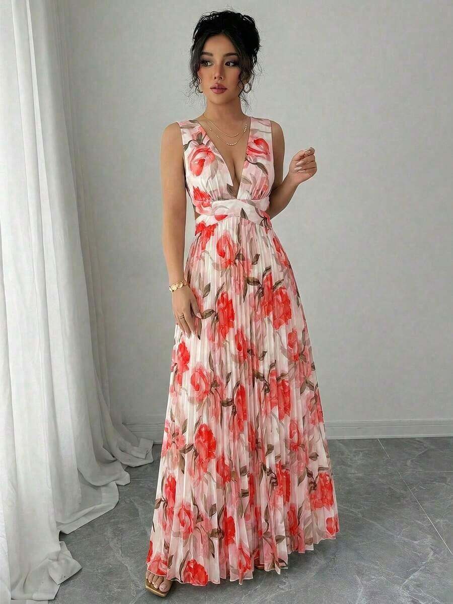 Vestido elegante y romántico para mujer con escote en V sin mangas, cintura hueca, plisado en línea A y estampado floral - Multicolor 4 - Ver 1