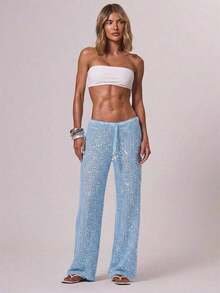 Resort - Pantalones de Ganchillo de Pierna Ancha con Lentejuelas para Mujer, Estilo Boho Ibiza, Elegantes para Vacaciones de Verano en la Playa - Celeste - Ver 1