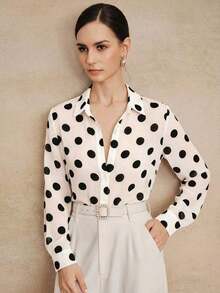 Blusa de manga larga de chifón con elegante estampado de lunares retro francés de alta calidad, camisa versátil con estampado de lunares para atuendos de oficina y vacaciones - Blanco - Ver 4