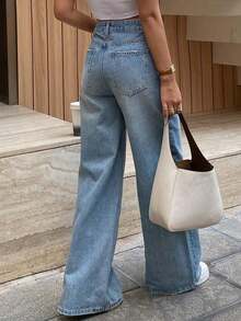 Pantalones vaqueros casuales de ajuste holgado con bolsillo en unicolor para mujer - Lavado ligero - Ver 3