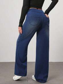 Jeans rectos de cintura alta lavados de estilo casual para mujer - Azul - Ver 10