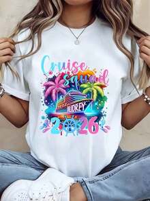 Gift: 1 Women's White T-Shirt With Palm Tree Print, Round Neck, Casual Cotton T-Shirt, Medium Stretch Knit Fabric, Regular Fit, For Spring/Summer/Autumn, Soft - 白色 - 查看 1