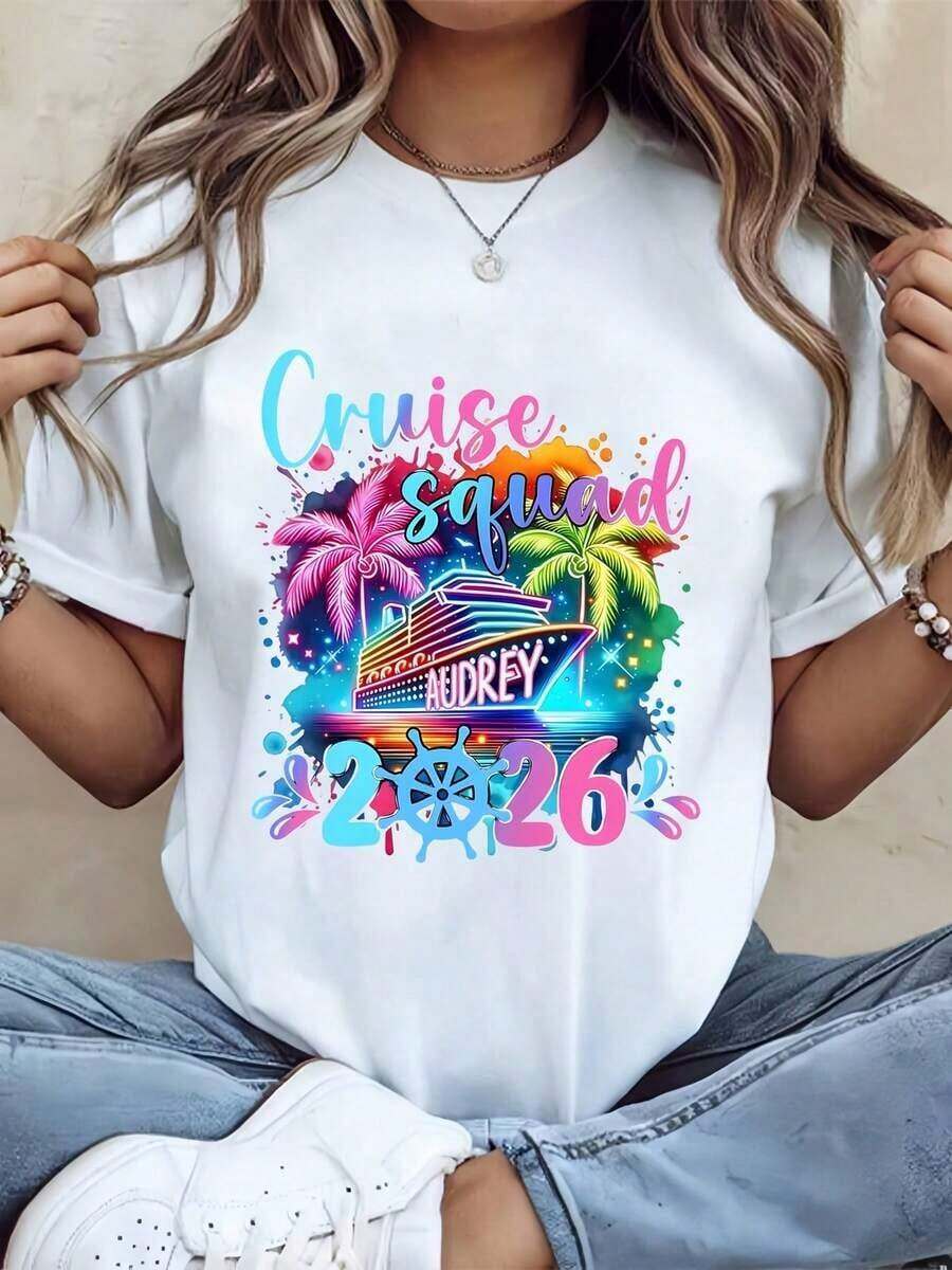 Gift: 1 Women's White T-Shirt With Palm Tree Print, Round Neck, Casual Cotton T-Shirt, Medium Stretch Knit Fabric, Regular Fit, For Spring/Summer/Autumn, Soft - 白色 - 查看 1
