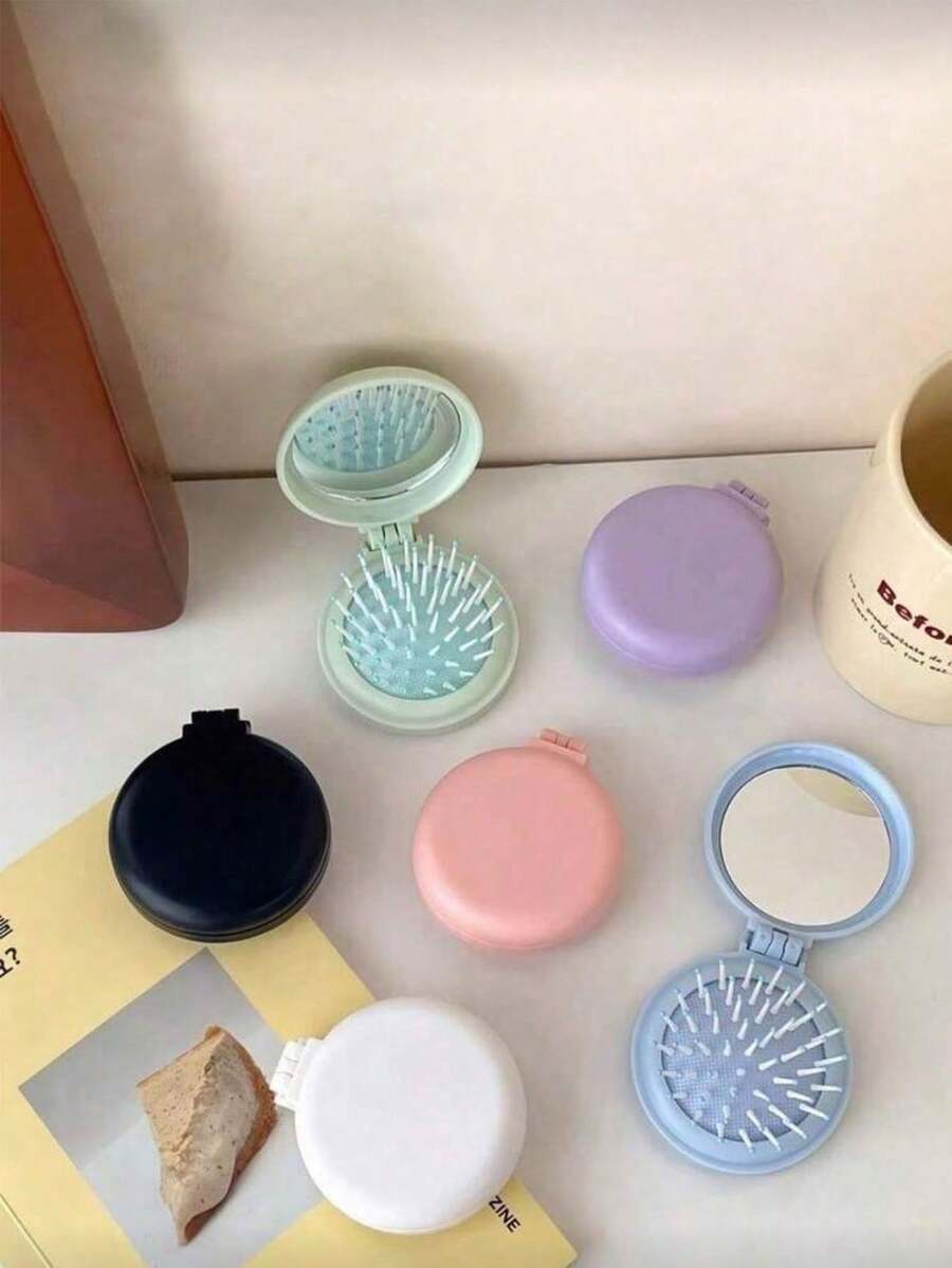 Foldable Travel Makeup Mirror Brush, With Detachable Mirror, Boar Bristle Massage Brush - Portable Design, Suitable For Women And Girls, Soft Tones (Mint Green, Pink, Light Purple Blue, Light Blue), Fashion Accessory, Structure, Hairstyling, Hairstyling Tools, Salon Beauty Travel Essentials, Hair Accessories, Summer, Vacation