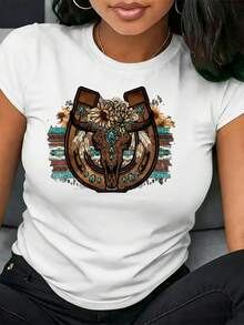 1 camiseta de algodón puro para mujer, con estampado de letras creativas y a la moda, adecuada para uso casual al aire libre en primavera y verano, fiestas de vacaciones, versátil y elegante, con diseño de herradura y calavera de toro, 180g 100% algodón. - Blanco - Ver 12