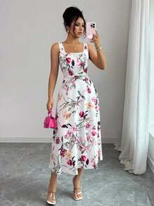1 pieza Vestido Elegante Estampado con Cintura Ajustada para Mujer - Rojo - Ver 11