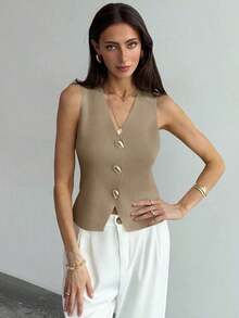 Blusa sin mangas de punto de un solo pecho con tirantes anchos, casual de verano, para otoño/invierno, verano, vacaciones, simple para ir al trabajo, con hebilla metálica única para oficina - Caqui 2 - Ver 4