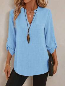 Blusa con escote entallado y mangas 3/4 con estampado, camisa de trabajo para primavera - Celeste - Ver 6