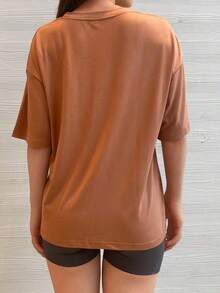 Camiseta de manga corta oversize, negro sólido, ajuste holgado casual para deportes blancos de verano - Marrón - Ver 8