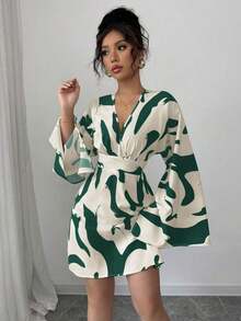 Vestido casual y elegante de vacaciones para mujer con manga larga fruncida, cintura ceñida y estampado floral con espalda recogida - Multicolor 2 - Ver 5