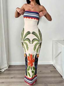 Vestido elegante con estampado floral sin tirantes y ajustado, adecuado para vacaciones - Multicolor - Ver 4