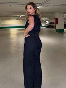Conjunto de 2 piezas de chaleco y pantalones vaqueros casuales para mujer, minimalista y de moda para el uso diario - Azul lavado oscuro - Ver 2