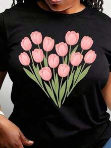Camiseta unisex, Camiseta con estampado de tulipanes, Camiseta boho con estampado de flores silvestres, Sudadera con capucha de tulipanes, Camiseta con estampado de flores silvestres, Camiseta con estampado floral vintage de tulipanes, Estampado de flores botánicas, Ropa de mujer, Blusas casuales para mujer, Camisas de mujer, Blusas para mujer, Camisas - Negro - Ver 1