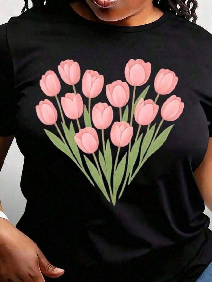 Camiseta unisex, Camiseta con estampado de tulipanes, Camiseta boho con estampado de flores silvestres, Sudadera con capucha de tulipanes, Camiseta con estampado de flores silvestres, Camiseta con estampado floral vintage de tulipanes, Estampado de flores botánicas, Ropa de mujer, Blusas casuales para mujer, Camisas de mujer, Blusas para mujer, Camisas - Negro - Ver 1