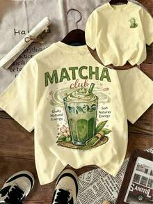 女款夏季 Matcha Club 飲品背印寬鬆 T 恤，休閒短袖圓領上衣，復古咖啡館風格舒適寬鬆版型，黃色 - 黃色 - 查看 3