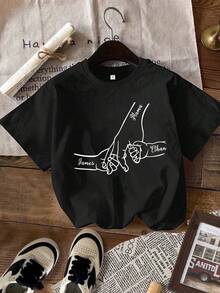 Personalized T-Shirt With Name For Mother's Day/Father's Day, Personalized For Dad/Mom/Grandma...Handprint And Name T-Shirt, Mother's Day T-Shirt, Father's Day T-Shirt, Personalized Family Gift, Daughter/Son Gift, Holiday Gift T-Shirt - 黑色 - 查看 9