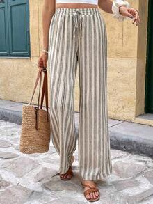 Frenchy Pantalones anchos casuales de mujer con estampado de rayas y cintura con cordón - Caqui - Ver 7