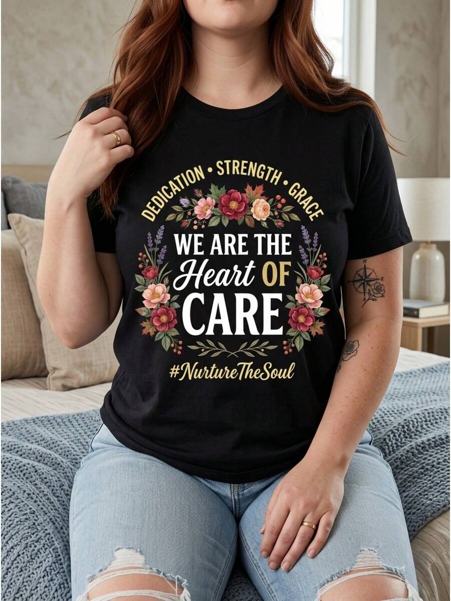 Talla grande, 1 pieza de ropa de verano para mujer de talla grande, camiseta con estampado gráfico floral 'Heart of Care' para trabajo de cuidado, de ajuste holgado, cuello redondo, manga corta, top casual, regalos de festividades, camiseta pura de uso diario, camiseta de verano elegante y de moda