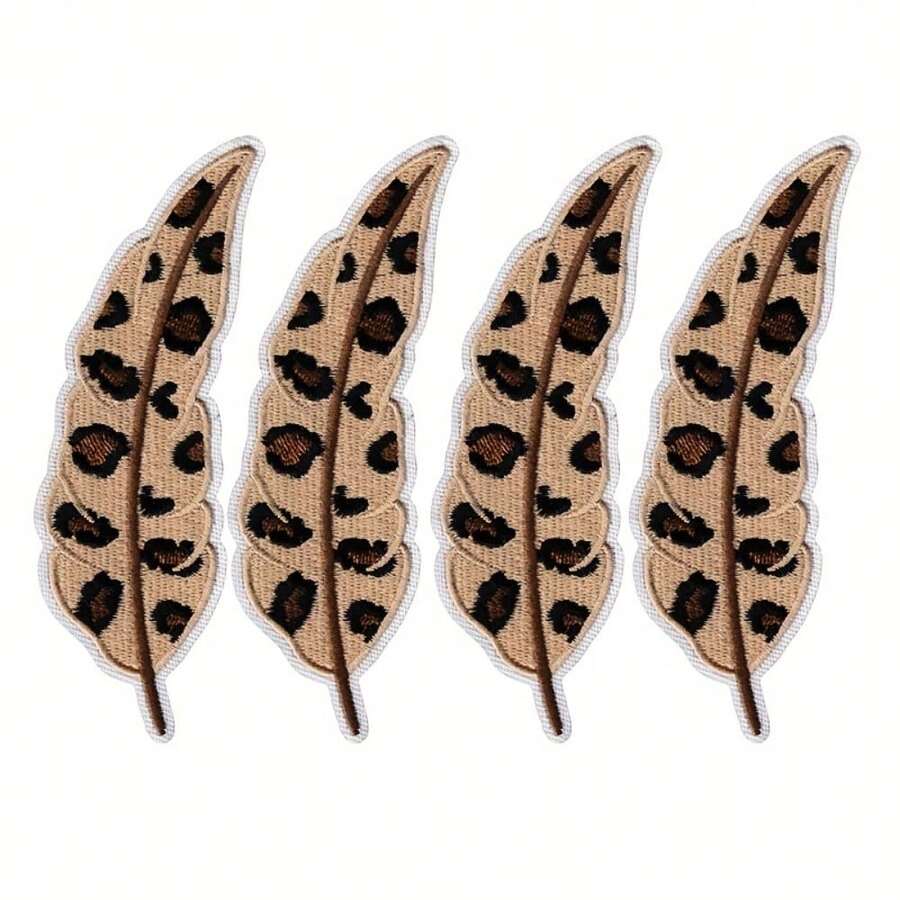 4 Vintage Leopard Print Feather Embroidered Patches | Unique Design, Cool Sewn Patches For Outdoor Adventure And Camping, Accessories Suitable For Decorating Clothes, Hats, And Bags - 4pcs - View 1